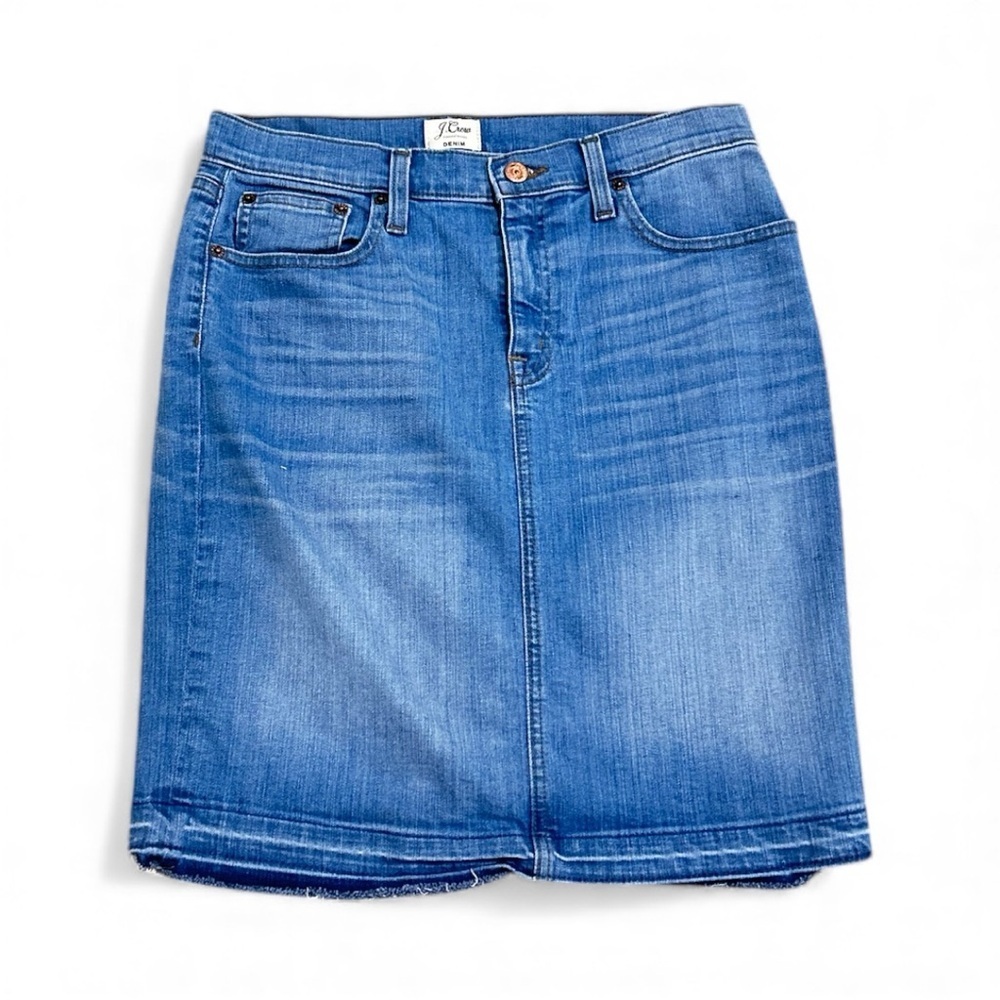 J. Crew Denim mid tone blue pencil mini skirt frayed hem 5 pocket sz 28 waist